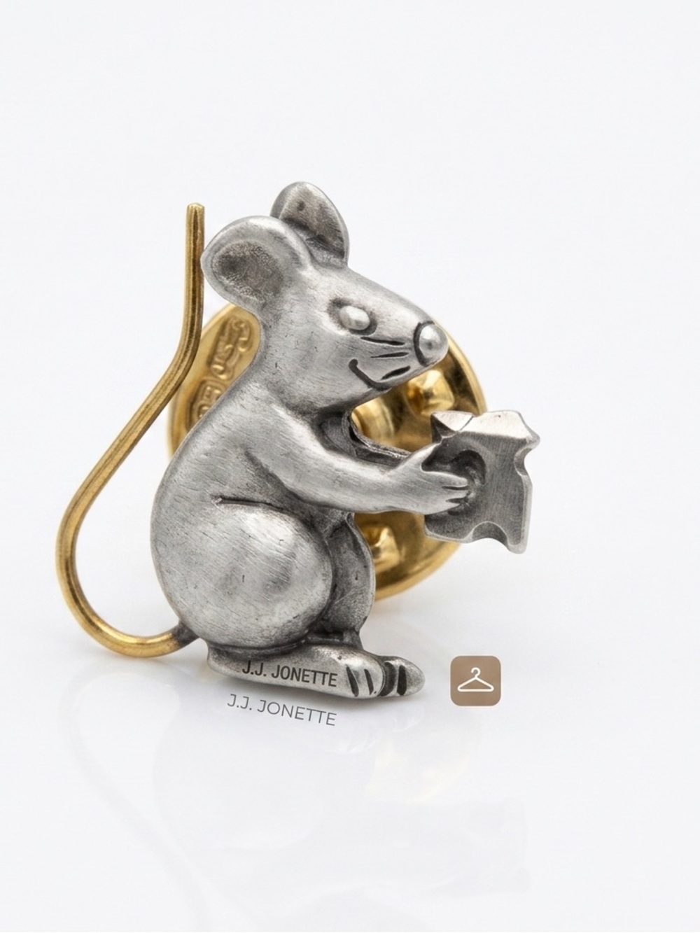JJ Jonette Silver & Gold Mouse Lapel Pin - Silver Mouse with Gold Backing